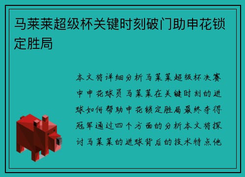 马莱莱超级杯关键时刻破门助申花锁定胜局