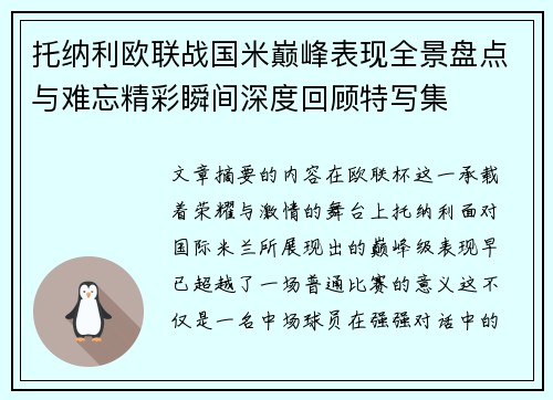 托纳利欧联战国米巅峰表现全景盘点与难忘精彩瞬间深度回顾特写集