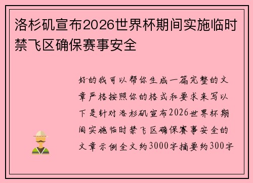 洛杉矶宣布2026世界杯期间实施临时禁飞区确保赛事安全